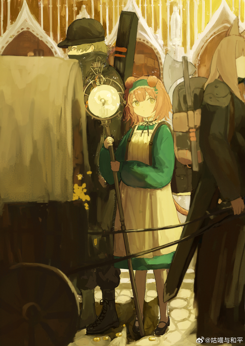1girl absurdres animal_ears arknights blue_hairband cat_ears cat_girl closed_mouth goldenglow_(arknights) gumiaoandpeace hairband highres holding long_sleeves medium_hair outdoors people pink_hair puffy_long_sleeves puffy_sleeves red_(npc)_(arknights) solo_focus watermark weibo_watermark yellow_eyes