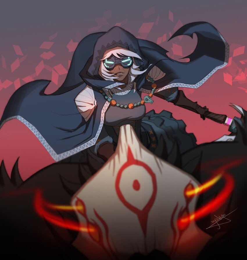 1girl aged_down blue_cloak blue_skirt brown_gloves cloak commentary corset dark-skinned_female dark_skin english_commentary gloves glowing glowing_eyes goggles grey_shirt grimm_(rwby) highres holding holding_weapon hood hooded_cloak jewelry maria_calavera mature_female necklace rwby shirt signature skirt skull_necklace uyalago weapon white_hair