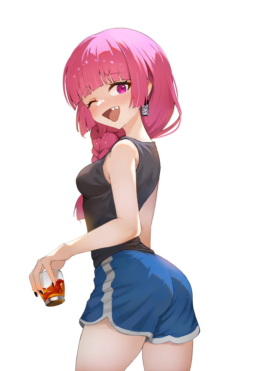 1girl ;d absurdres agm alcohol ass black_nails black_tank_top blue_shorts blush bocchi_the_rock! braid breasts commentary_request cowboy_shot cup drinking_glass earrings fingernails hanafuda_earrings highres hiroi_kikuri holding holding_cup jewelry long_fingernails long_hair looking_at_viewer medium_breasts nail_polish one_eye_closed open_mouth purple_eyes purple_hair sharp_teeth shorts simple_background single_braid smile solo standing tank_top teeth tongue turning_head white_background