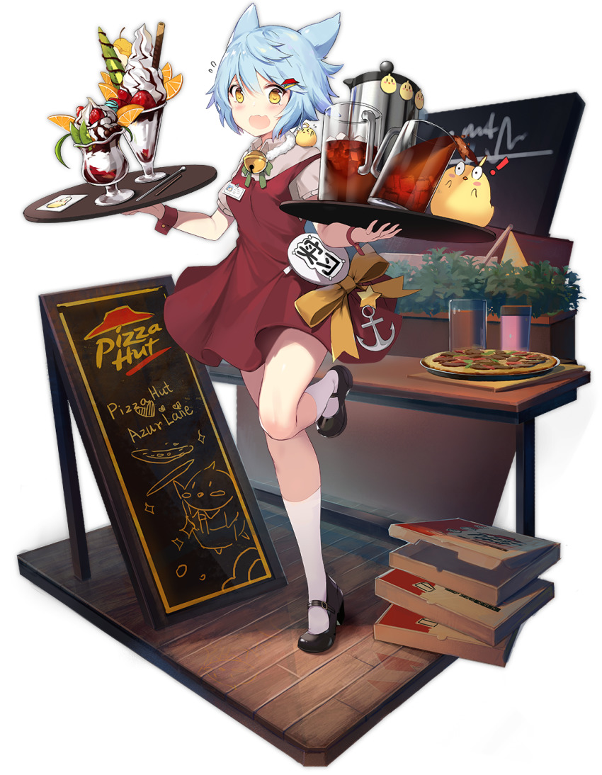 1girl alisa_(kuro_no_sakura) animal_ears apron azur_lane bell blue_hair cola dress food fubuki_(azur_lane) fubuki_(stormy_waitress-in-training!)_(azur_lane) highres ice_cream leg_up light_blue_hair looking_at_viewer manjuu_(azur_lane) official_art open_mouth pizza_hut ribbon short_hair skirt transparent_background uniform white_footwear yellow_eyes yellow_ribbon