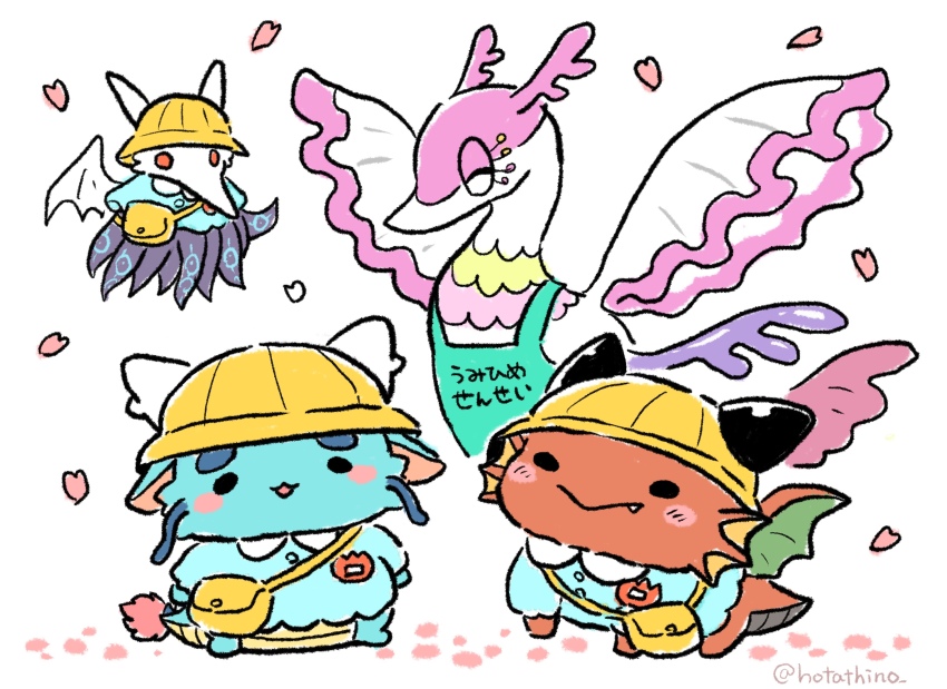 apron chibi commentary_request creature dragon eastern_dragon falling_petals full_body highres hotathino kindergarten_uniform no_humans original petals pink_petals western_dragon white_background