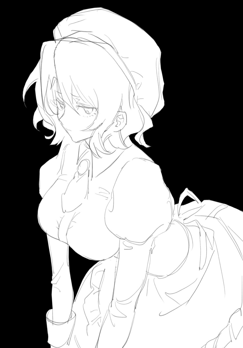 1girl ascot black_background breasts chinese_commentary closed_mouth collared_dress collared_shirt commentary_request cowboy_shot dress greyscale hair_between_eyes hat highres huidu juliet_sleeves large_breasts long_sleeves monochrome puffy_sleeves shannon_(umineko) shirt short_hair simple_background sketch solo umineko_no_naku_koro_ni