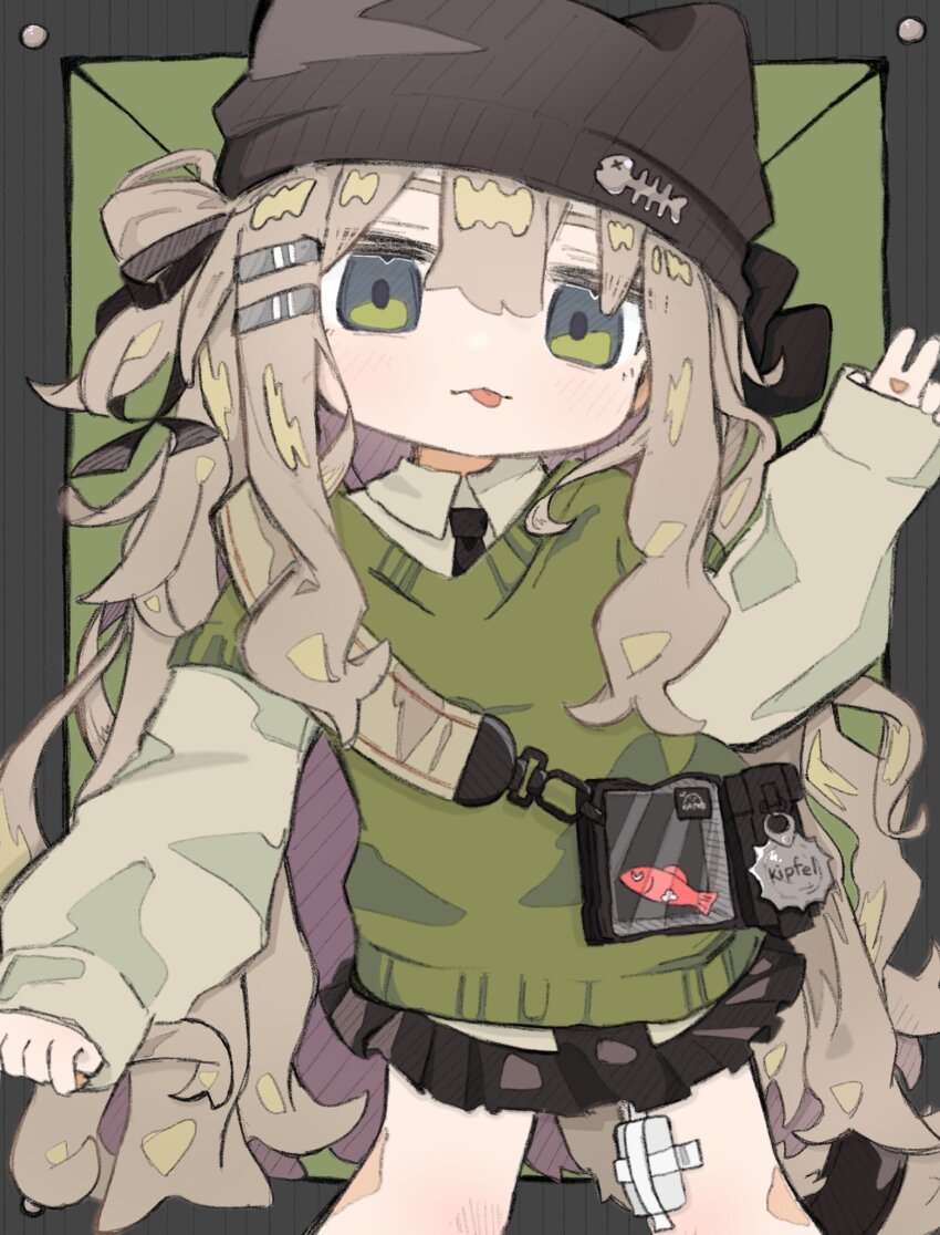 1girl :3 :p animal_ear_headwear animal_ears animal_hat arm_at_side bag bag_charm bandages bandaid bandaid_on_knee bandaid_on_leg beanie black_border black_necktie black_ribbon black_skirt blush border brown_hair cat_hat charm_(object) closed_mouth collared_shirt cowboy_shot fake_animal_ears fanny_pack feet_out_of_frame fish fish_hair_ornament green_background green_eyes green_shirt green_sweater hair_between_eyes hair_bun hair_ornament hair_ribbon hair_rings hairclip hand_up hasuboniru hat highres jaggy_lines kipfel_(vrchat) layered_clothes layered_sleeves legs_apart long_hair long_sleeves looking_at_viewer miniskirt necktie one_side_up outside_border pleated_skirt puffy_sleeves ribbon shirt short_over_long_sleeves short_sleeves shoulder_bag sidelocks single_hair_ring skirt sleeves_past_wrists smile solo standing sweater sweater_vest tie_clip tongue tongue_out v very_long_hair vest vrchat w wavy_hair white_border white_shirt wing_collar