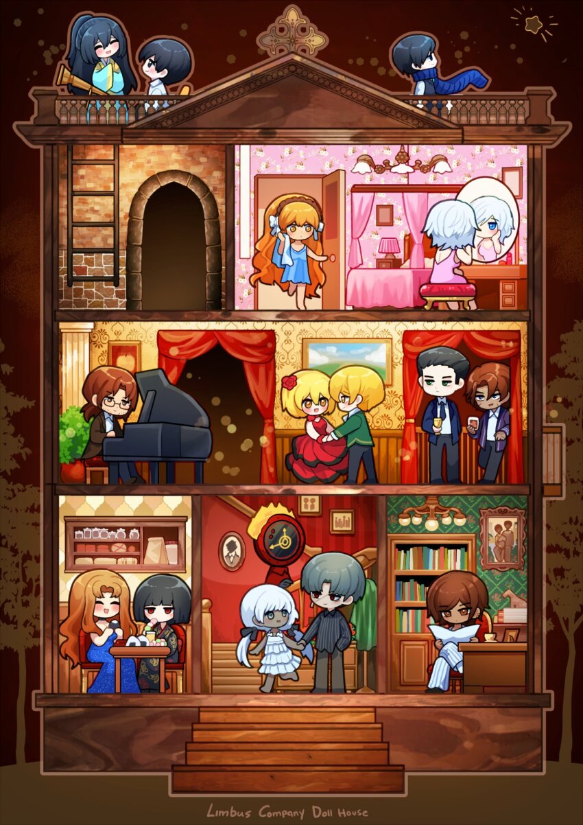 1other 6+boys 6+girls :d bag black_hair black_kimono black_pants black_shirt blonde_hair blue_dress blue_eyes blue_jacket blue_scarf blush_stickers book bookshelf bow breasts brown_hair ceiling_light chair charon_(project_moon) chibi chibi_only cleavage clock closed_eyes collared_shirt cup curtains dancing dango dante_(limbus_company) dark-skinned_female dark-skinned_male dark_skin demian_(project_moon) doll_house dollhouse_view don_quixote_(project_moon) dress drink earrings facing_viewer faust_(project_moon) fire food gredell_elle green_eyes green_shirt gregor_(project_moon) hair_bow hand_up heathcliff_(project_moon) highres holding holding_cup holding_drink holding_hands holding_newspaper holding_towel hong_lu_(project_moon) instrument ishmael_(project_moon) jacket japanese_clothes jar jewelry kimono ladder lamp limbus_company long_hair looking_at_another looking_at_mirror looking_up low_twintails medium_breasts meursault_(project_moon) mirror multiple_boys multiple_girls music newspaper onigiri open_door open_mouth orange_eyes orange_hair outis_(project_moon) pants paper_bag photo_(object) piano picture_frame pillar plant playing_instrument playing_piano ponytail potted_plant project_moon purple_jacket reading red_dress red_eyes rodion_(project_moon) ryoshu_(project_moon) sanshoku_dango scarf shirt sinclair_(project_moon) sitting small_breasts smile stairs standing star_(symbol) striped_clothes striped_pants table telescope towel tree twintails vanity_table vergilius_(project_moon) vertical-striped_clothes vertical-striped_pants very_long_hair wagashi white_bow white_dress white_hair white_shirt wide_sleeves yellow_eyes yi_sang_(project_moon)