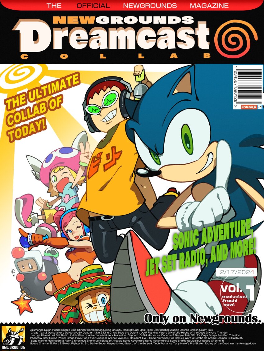 2024 amigo amitie_(puyopuyo) animal_ears animal_nose barcode beanie beat_(jsr) black_pants blonde_hair blue_eyes blue_headphones blue_vest bomb bomberman bracelet copyright_name cover crop_top english_text explosive fake_magazine_cover game_console gloves goggles green-tinted_eyewear green_eyes grin hat headphones headset highres hood hooded_vest hoodie index_finger_raised inktaru instrument jet_set_radio jewelry legs_up lipstick looking_at_viewer magazine_cover makeup maracas microphone midair monkey navel newgrounds one_eye_closed orange_gloves orange_skirt orange_tank_top pants pink_hair pointing puyopuyo puyopuyo_fever red_footwear red_hair red_hat red_lips samba_de_amigo sega_dreamcast shirt short_hair shorts skirt smile sombrero sonic_(series) sonic_adventure sonic_the_hedgehog space_channel_5 spines spray_can sunburst swirl t-shirt tank_top tinted_eyewear twintails ulala v vest white_gloves yellow_shirt yellow_shorts