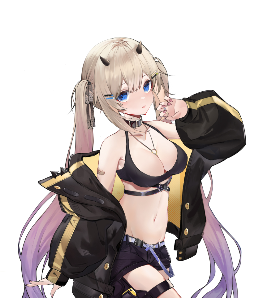 1girl absurdres belt bikini bikini_top_only black_bikini blonde_hair blue_eyes blush claw_pose collar fingernails gradient_hair hair_ornament hair_ribbon hairclip highres holster horns jacket jewelry long_fingernails long_hair long_sleeves multicolored_hair nail_polish necklace off_shoulder original paheide_guang parted_lips purple_hair ribbon shorts sleeves_past_wrists smile solo swimsuit thigh_holster twintails two-tone_hair very_long_hair