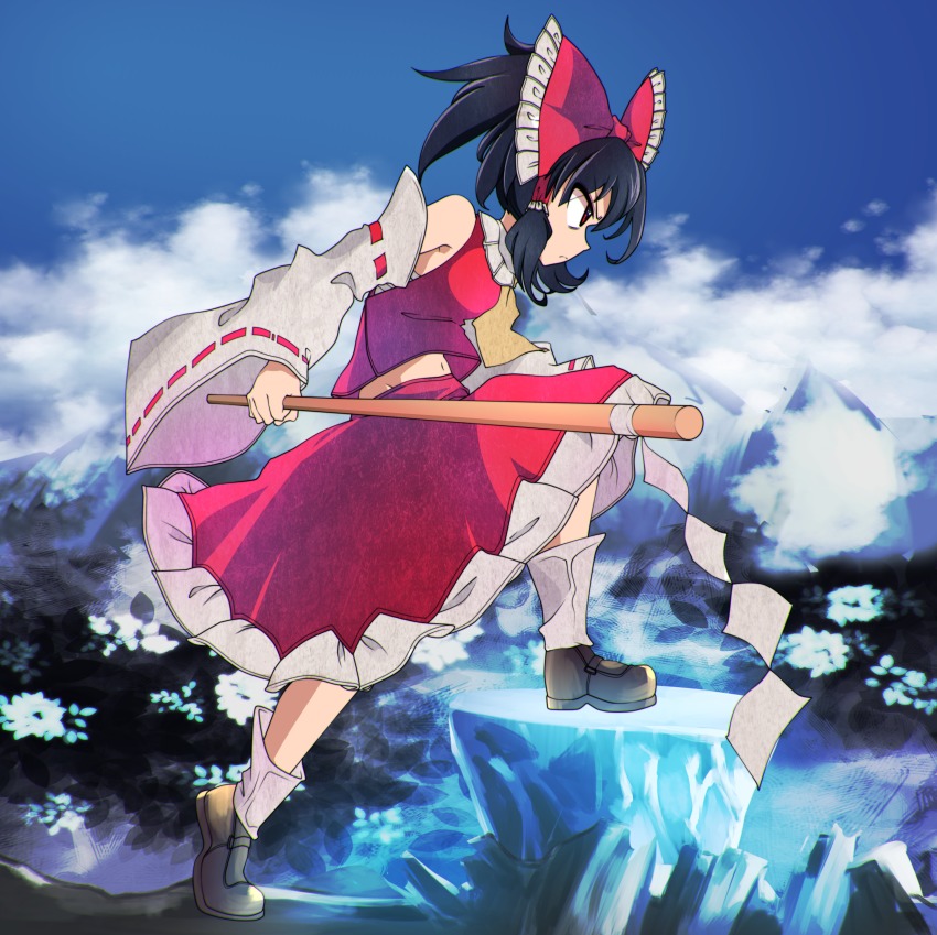 1girl absurdres album_cover angry black_footwear black_hair bow cloud cover day detached_sleeves frills frown gohei hair_tubes hakurei_reimu heaven highres huge_filesize kaname-ishi long_skirt majormilk mountain ponytail profile red_bow red_eyes red_shirt red_skirt shirt skirt touhou white_frills white_legwear yellow_neckwear