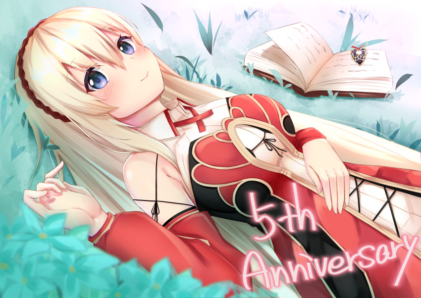 1girl blonde_hair blue_eyes blush book closed_mouth collared_dress detached_sleeves dress grimms_notes hair_between_eyes hairband hand_on_own_stomach highres long_hair looking_at_viewer lying miki_miki on_back on_grass open_book red_dress red_sleeves reina_(grimms_notes) ribbed_dress sleeveless sleeveless_dress smile solo wing_collar