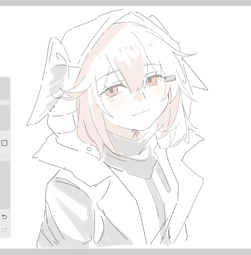1girl animal_ear_hood arknights art_program_in_frame blush breasts closed_mouth coat crownslayer_(arknights) dopperu_ben fake_animal_ears highres hood hooded_coat hyena_ears hyena_girl looking_at_viewer mask medium_breasts medium_hair mouth_mask open_clothes open_coat portrait sketch solo unworn_mask