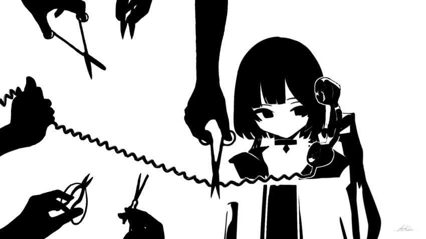 1girl blending cable corded_phone cutting detached_sleeves disembodied_hand greyscale hand_up high_contrast holding holding_cable holding_scissors hood hood_down hoodie kaidenwa_(cevio) kamitsubaki_studio long_hair low_twintails monochrome no_mouth open_clothes open_hoodie pendant_choker phone rim_(kamitsubaki_studio) scissors signature solo_focus talking_on_phone twintails yatagarasu_yugoro