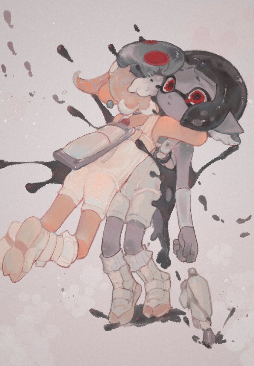 2girls agent_4_(splatoon) agent_8_(splatoon) black_hair bodysuit brown_hair colored_skin commentary_request earrings grey_background grey_skin highres hug ink_tank_(splatoon) jelleton jewelry liang_cun_rakuna medium_hair multiple_girls nintendo octoling octoling_girl octoling_player_character order_shot_(splatoon) parallel_canon_(splatoon) pointy_ears red_eyes shoes simple_background sleeveless sleeveless_bodysuit socks splatoon_(series) splatoon_3 splatoon_3:_side_order tentacle_hair white_bodysuit white_footwear white_socks