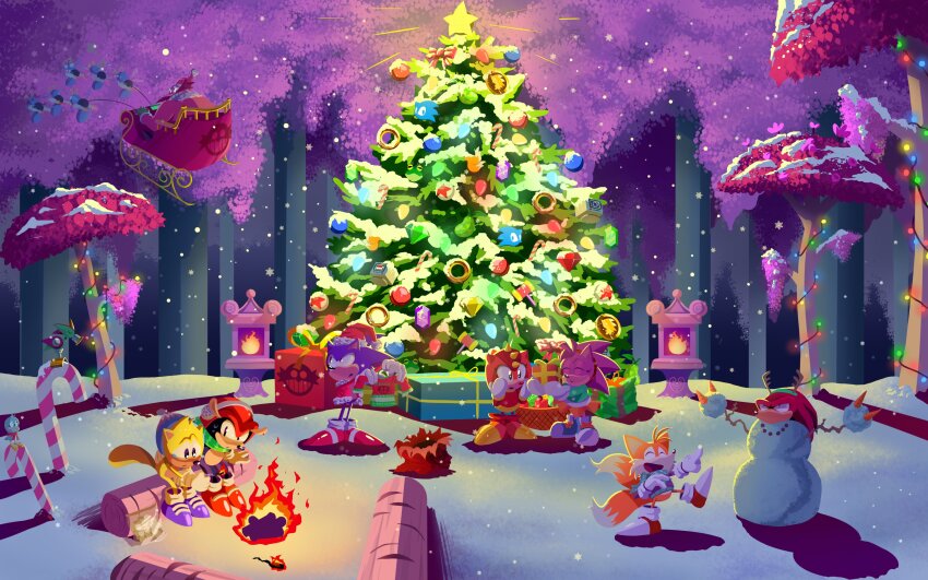 absurdres amy_rose box campfire candy candy_cane christmas christmas_lights christmas_ornaments christmas_sweater christmas_tree dr._eggman extra_tails flicky_(character) food gift gift_box hat highres holding holding_gift knuckles_the_echidna knuckles_the_echidna_(reindeer) lamppost laughing log mighty_the_armadillo pocho22059768 pointing ray_the_flying_squirrel robot santa_costume santa_hat sitting snow snowman sonic_(series) sonic_mania sonic_superstars sonic_the_hedgehog sonic_the_hedgehog_(classic) sonic_the_hedgehog_(holiday_cheer) sweater tails_(sonic) tree trip_the_sungazer