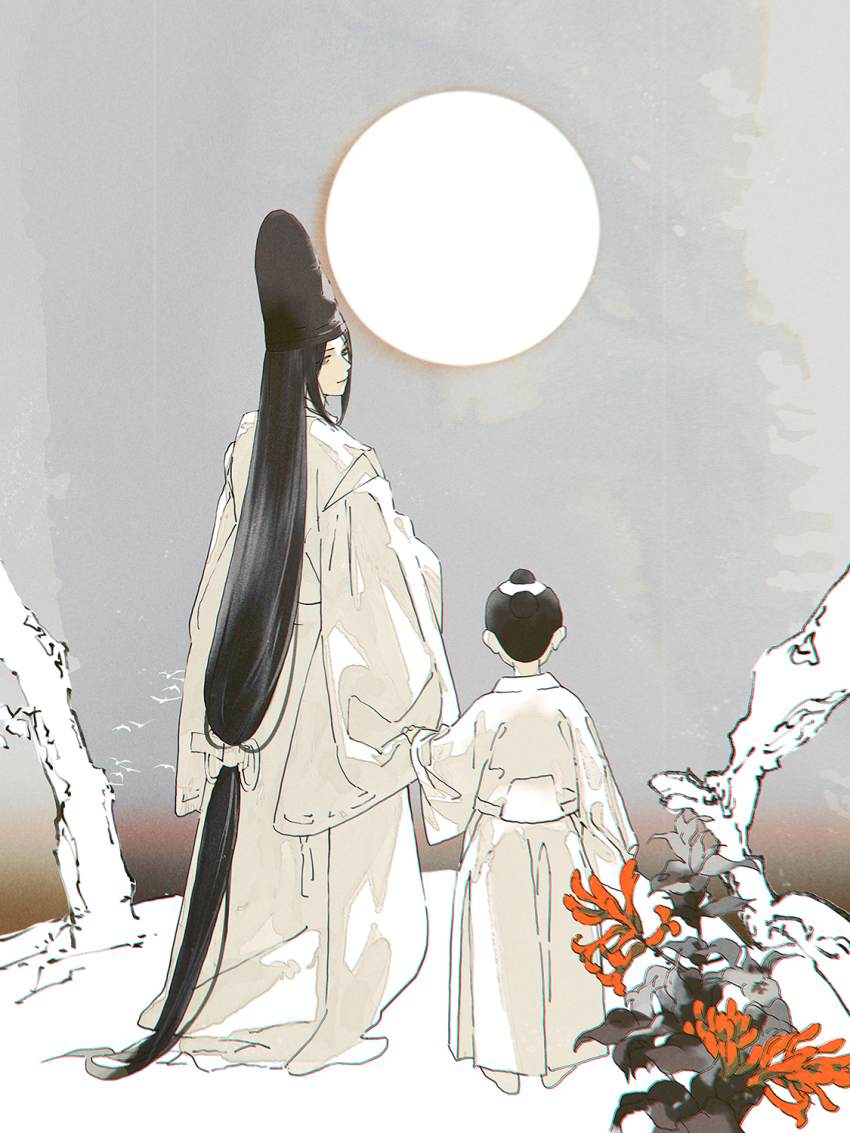 2boys absurdly_long_hair bird black_hair child chinese_commentary chonmage closed_mouth clothes_grab commentary english_commentary facing_away flower from_behind fujiwara_no_sai full_moon gradient_sky hakama hat highres hikaru_no_go honninbou_shuusaku japanese_clothes kariginu long_hair long_sleeves looking_at_viewer looking_back low-tied_long_hair male_focus mixed-language_commentary moon multiple_boys nature partially_colored red_flower sky sleeves_past_fingers sleeves_past_wrists smile standing tate_eboshi topknot very_long_hair wisda