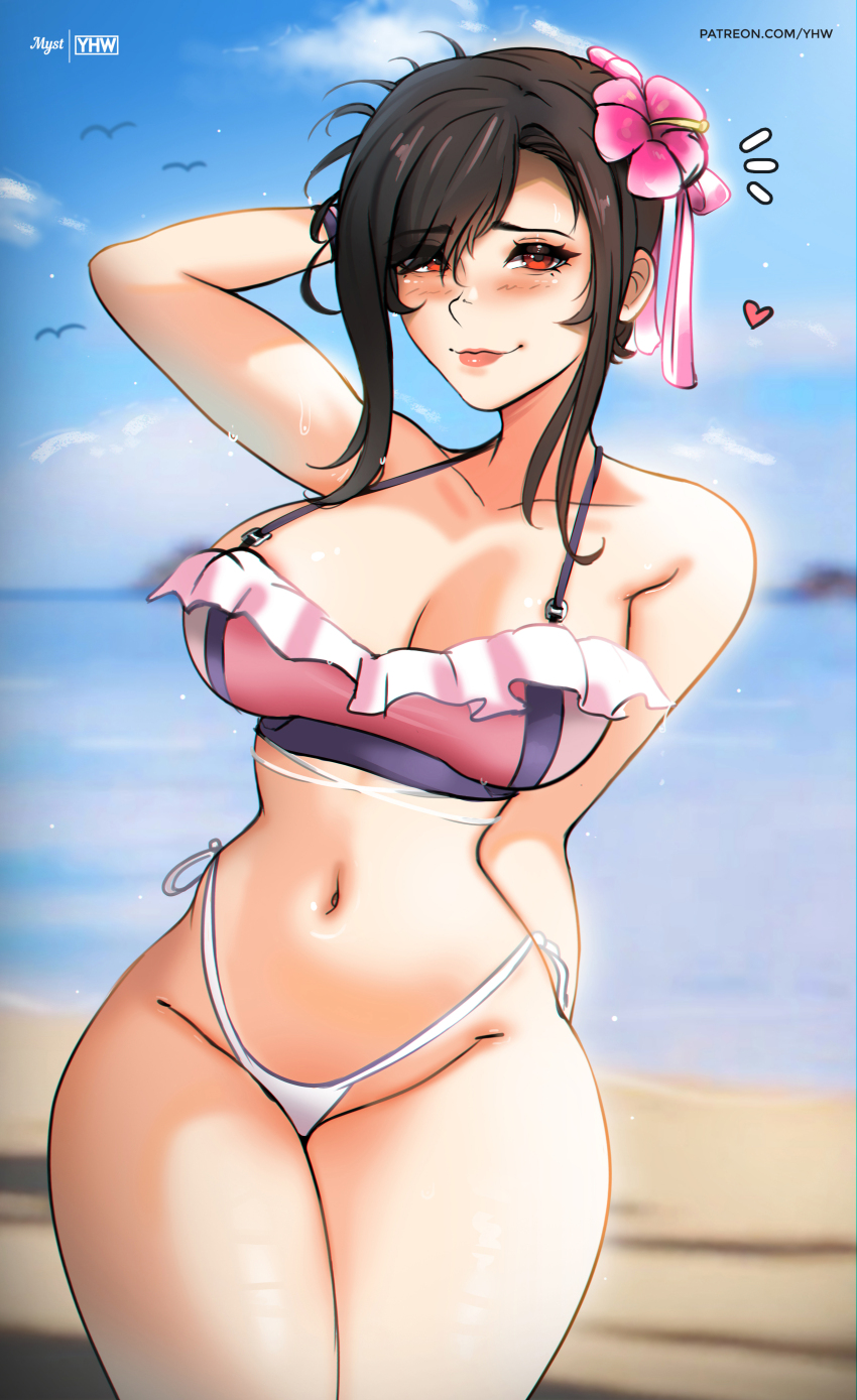 1girl absurdres alternate_costume arm_behind_head arm_up bare_arms beach bikini black_hair blurry blurry_background blush breasts cleavage closed_mouth collarbone cowboy_shot final_fantasy final_fantasy_vii final_fantasy_vii_rebirth final_fantasy_vii_remake flower frilled_bikini frills groin hair_flower hair_ornament hibiscus highleg highleg_bikini highres large_breasts legs_together lips long_hair looking_at_viewer mystyhw navel official_alternate_hairstyle outdoors paid_reward_available patreon_username red_eyes side-tie_bikini_bottom smile solo swimsuit thick_thighs thighs tifa_lockhart tifa_lockhart_(shining_spirit) watermark web_address wide_hips