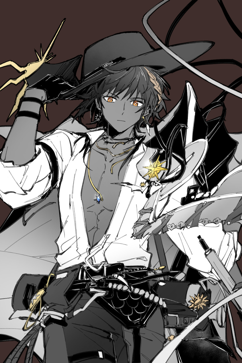 1boy adjusting_clothes adjusting_headwear arknights brown_background chinese_commentary closed_mouth commentary_request cowboy_shot earrings glint gloves gold hat highres jewelry looking_at_viewer male_focus official_alternate_costume open_clothes open_shirt partial_commentary partially_colored piaoliu_ping_ping_ping_pingzi shirt short_hair simple_background solo standing thorns_(arknights) thorns_(blade-cleaved_tides)_(arknights) yellow_eyes