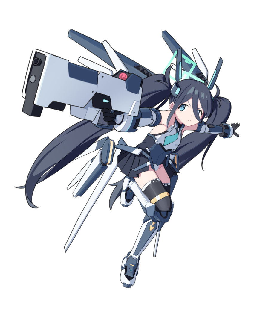 1girl adon_(dufaladanidu) aqua_halo aris_(blue_archive) bare_shoulders black_gloves black_hair black_skirt black_thighhighs blue_archive blue_eyes blue_necktie closed_mouth commentary full_body gloves halo highres holding holding_weapon long_hair mechanical_wings necktie shirt simple_background skirt sleeveless sleeveless_shirt solo symbol-only_commentary thighhighs twintails very_long_hair weapon white_background white_shirt wings