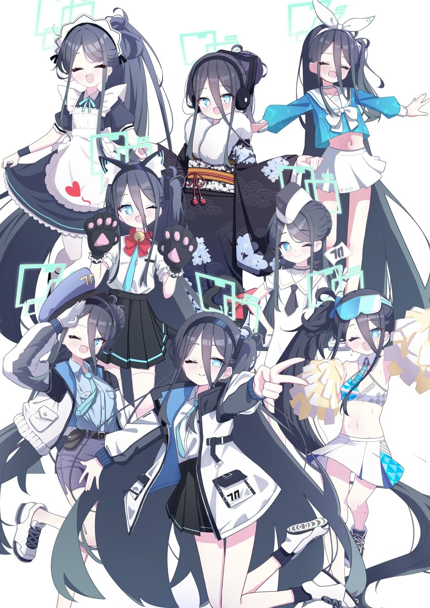 1girl 525_woiwo ^_^ absurdres apron aqua_halo aris_(blue_archive) aris_(maid)_(blue_archive) arona_(blue_archive) arona_(blue_archive)_(cosplay) black_dress black_hair black_kimono black_skirt blue_archive blue_eyes blue_headwear blue_necktie blue_shirt blue_skirt blush bow bowtie choker closed_eyes collared_shirt commentary_request cosplay cropped_shirt double-parted_bangs dress floating floral_print floral_print_kimono frilled_apron frilled_dress frills fur-trimmed_kimono fur_trim gloves goggles goggles_on_head green_halo hair_between_eyes hair_bun halo hands_up highres holding holding_pom_poms jacket japanese_clothes kimono leg_up long_bangs long_hair long_hair_between_eyes long_sleeves looking_at_viewer maid_apron maid_headdress midriff millennium_cheerleader_outfit_(blue_archive) miniskirt necktie one_eye_closed one_side_up open_clothes open_jacket open_mouth outstretched_arms pencil_skirt police police_uniform pom_pom_(cheerleading) pom_poms print_kimono puffy_long_sleeves puffy_sleeves sailor_collar salute sash school_uniform serafuku shirt shirt_tucked_in single_hair_bun skirt skirt_hold smile stomach v very_long_hair white_apron white_bow white_bowtie white_choker white_dress white_footwear white_gloves white_headdress white_headwear white_jacket white_sailor_collar white_shirt white_skirt yellow_sash