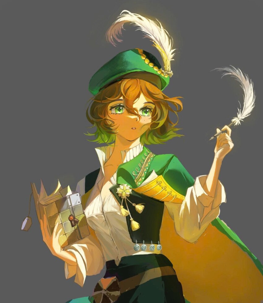 1girl black_shorts black_vest breasts brown_hair cape cleavage green_cape green_eyes green_hat grey_background hair_between_eyes hands_up hat hat_feather highres holding holding_notebook holding_quill looking_at_viewer mole mole_under_eye notebook open_clothes open_vest parted_lips quill recoleta_(reverse:1999) reverse:1999 shirt short_hair shorts solo upper_body vest white_shirt yowl