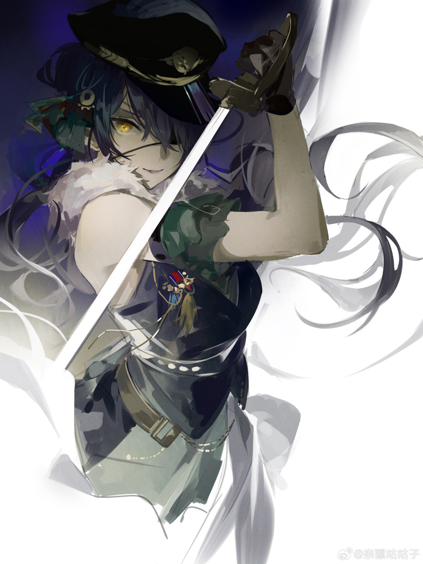 1girl absurdres black_gloves black_hair dark_skin gloves highres holding holding_sword holding_weapon idolmaster idolmaster_shiny_colors long_hair narakuuu shirase_sakuya solo sword weapon yellow_eyes