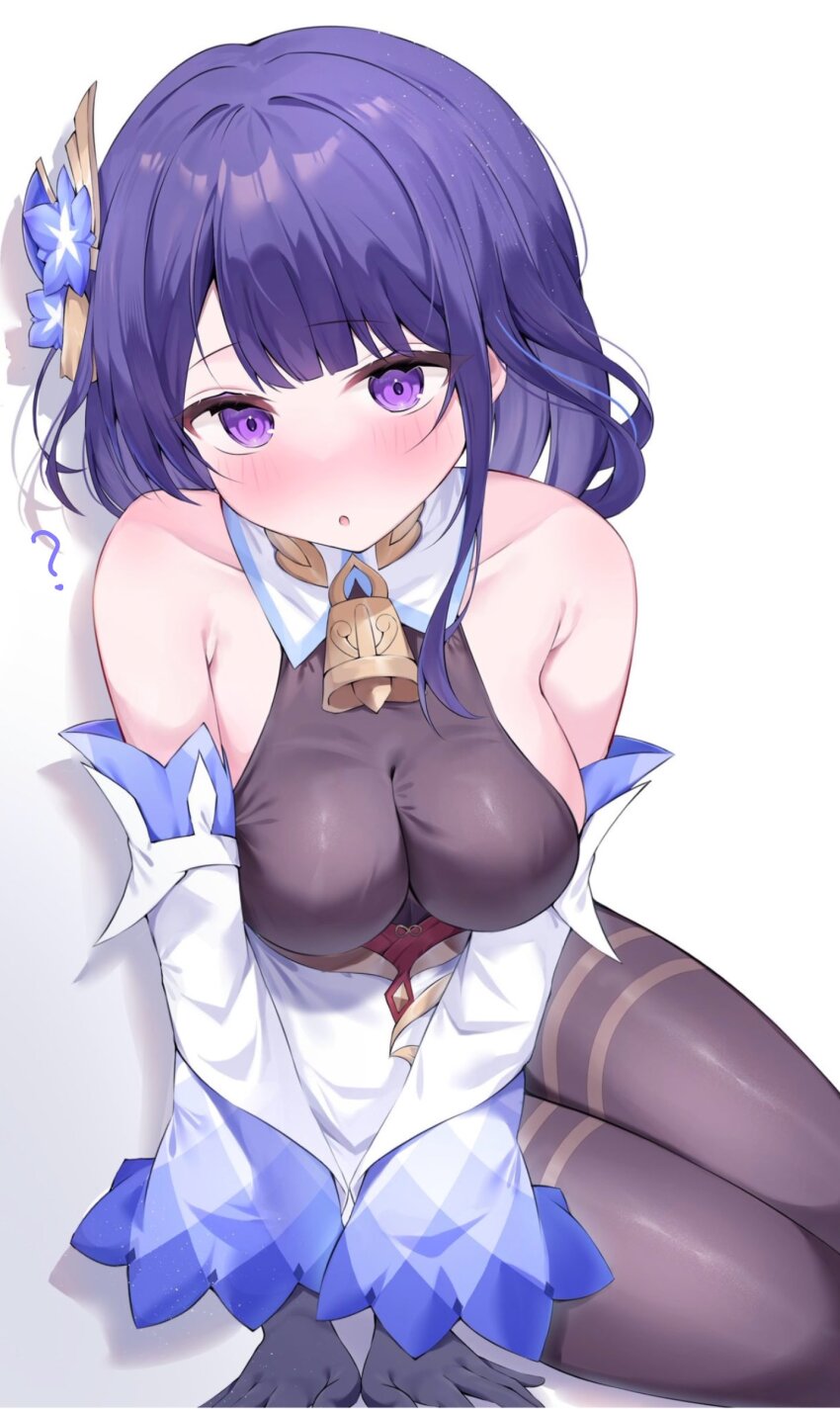 1girl :o ? absurdres bare_shoulders bell black_gloves blush bodystocking breasts cleavage collarbone commentary_request cosplay cowbell detached_sleeves ganyu_(genshin_impact) ganyu_(genshin_impact)_(cosplay) genshin_impact gloves hair_ornament highres large_breasts long_hair looking_at_viewer neck_bell pantyhose pekokota purple_eyes purple_hair raiden_shogun sideboob solo very_long_hair white_background white_sleeves