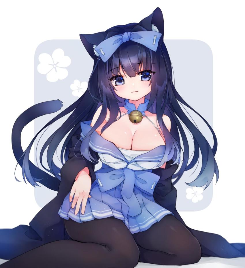 1girl animal_ear_fluff animal_ears arashio_(azur_lane) azur_lane bell black_hair blouse blue_skirt blush bow breasts brown_pantyhose cat_ears cat_girl cat_tail cleavage collarbone female_focus floral_print grey_background hair_between_eyes hair_bow hakama hakama_short_skirt hakama_skirt head_tilt highres japanese_clothes jingle_bell large_breasts long_hair long_sleeves looking_at_viewer off_shoulder pantyhose petals purple_bow purple_eyes shadow shichijou_natori shirt sitting skirt solo tail white_background white_shirt wide_sleeves