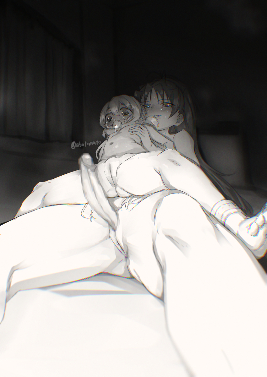 1futa 1girl abutomato blush censored feet futa_with_female futanari gag grabbing_another&#039;s_breast groping highres imminent_penetration loli mahou_shoujo_madoka_magica medium_penis momoe_nagisa monochrome nipples nude penis pussy sakura_kyoko spread_legs sweat tears