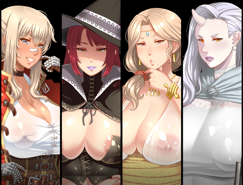 4girls arm_armor armored_arm belt black_background black_choker black_corset black_ribbon blonde_hair blue_eyes blue_gemstone blush bracelet breasts choker cleavage closed_mouth corset dark-skinned_female dark_skin dress earrings enoshima_iki flower_print frost_(silly_girls_quest) gem gold_bracelet gold_earrings gold_necklace gyaru half-closed_eyes hat helen_(oba-sans_saga) horns huge_breasts jacket karen_(silly_girls_quest) large_areolae large_breasts long_hair looking_at_viewer mantle mature_female mole mole_under_mouth mouth_hold multiple_girls necklace nipples nose_blush oba-sans_saga oni open_clothes open_jacket open_mouth orange_eyes purple_eyes purple_lips red_hair ribbon ribbon_trim see-through_clothes serious side_ponytail silly_girls_quest simple_background single_horn smile snake_bracelet straight_hair tagme teeth teeth_hold tomboy vega_(oba-sans_saga) visible_ears white_choker white_dress white_hair witch witch_hat yellow_eyes