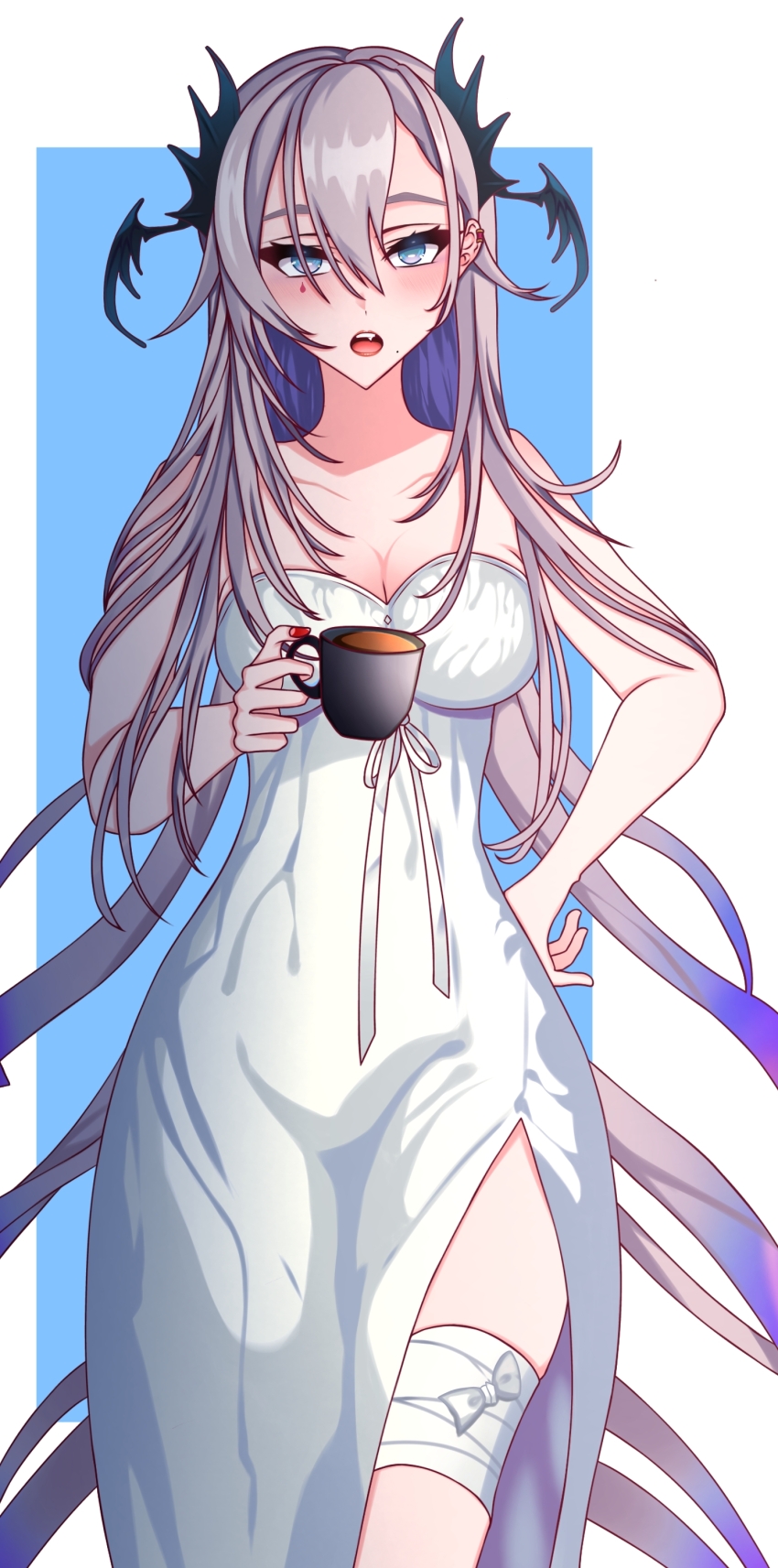 1girl absurdres bandaged_leg bandages blue_eyes blush breasts cleavage coffee coffee_mug collarbone cup dress gradient_hair grey_hair hair_between_eyes hand_on_own_hip head_wings highres holding holding_cup ibispaint_(medium) iida_pochi._(vtuber) indie_virtual_youtuber medium_breasts mole mole_under_mouth mug multicolored_hair open_mouth pochimaru_(vtuber) pochimaru_(vtuber)_(4th_costume) red_nails side_slit solo strapless strapless_dress suebacktea teardrop_facial_mark tentacle_hair two-tone_background virtual_youtuber white_dress wings