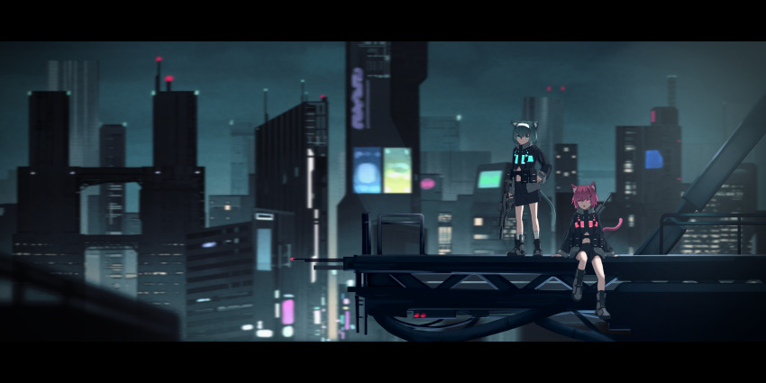 1boy 1girl absurdres animal_ears black_gloves black_hoodie black_jacket black_shirt black_shoes black_shorts black_skirt blue_eyes blurry boots building cat_boy cat_ears cat_girl cat_tail city city_lights cityscape closed_mouth depth_of_field gloves green_eyes grey_hair gun highres holding holding_gun holding_weapon hood hood_down hoodie jacket letterboxed lium_(vrchat) long_hair long_sleeves looking_at_viewer neon_lights night night_sky on_roof open_clothes open_jacket outdoors pink_hair pleated_skirt red_eyes red_hair ristor_(vrchat) rooftop scenery shirt shoes short_hair shorts sitting skirt sky skyline skyscraper socks standing tail twintails vrchat weapon wide_shot xelevia