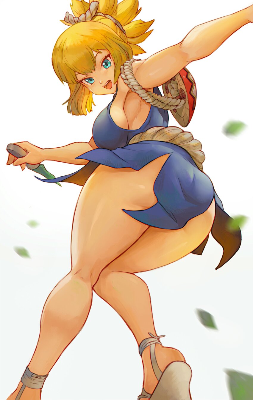 1girl absurdres alterlesott ass blonde_hair blue_dress blue_eyes breasts dr._stone dress falling_leaves from_below highres holding holding_knife kneepits knife kohaku_(dr._stone) large_breasts leaf legs looking_at_viewer motion_blur open_mouth outstretched_arm platform_sandals ponytail rope_belt sandals shield short_hair simple_background sleeveless sleeveless_dress smile solo teeth thighs twisted_torso upper_teeth_only white_background