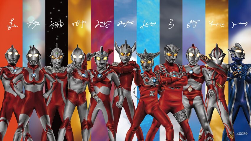 6+boys alien arm_up armor arms_up artist_name astra_(ultra_series) blue_gemstone bracelet breastplate chain clenched_hands color_timer commentary compound_eyes crest crossed_arms crossover diamond_(shape) dorsal_fin eye_slugger feet_out_of_frame fighting_stance flexing forehead_jewel gem green_gemstone hands_up highres horns in-franchise_crossover jewelry kaette_kita_ultraman knight_brace legs_apart looking_at_viewer looking_to_the_side looking_up mebius_brace multicolored_background multiple_boys muscular muscular_male outstretched_arm pectorals red_wrist_cuffs salute shoulder_armor side-by-side signature spiked_thighlet standing thighlet tokusatsu two-finger_salute ultra_bracelet ultra_series ultra_sign ultraman ultraman_(1st_series) ultraman_80 ultraman_80_(series) ultraman_ace ultraman_ace_(series) ultraman_hikari ultraman_jack ultraman_leo ultraman_leo_(series) ultraman_mebius ultraman_mebius_(series) ultraman_tarou ultraman_tarou_(series) ultraseven ultraseven_(series) ultrataku white_eyes wrist_cuffs yellow_eyes zoffy_(ultra_series)