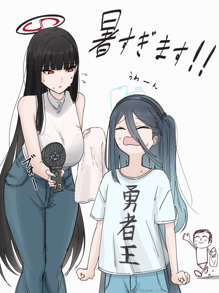 1boy 2girls alternate_costume aris_(blue_archive) avant_garde_(blue_archive) bare_shoulders black_hair blue_archive breasts closed_eyes commentary_request crying doodle_sensei_(blue_archive) flying_sweatdrops hair_between_eyes halo highres large_breasts long_hair multiple_girls nagomu_7_56 open_mouth red_eyes rio_(blue_archive) sensei_(blue_archive) sweatdrop translated