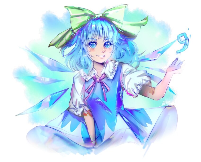 1girl bad_id bad_twitter_id bare_arms blue_dress blue_eyes blue_hair bow cirno cirno_day collared_shirt commentary cropped_legs detached_wings dress english_commentary frilled_shirt_collar frilled_sleeves frills green_background green_bow grin hair_bow hand_on_lap highres ice ice_wings light_blush looking_at_viewer luo_qiangwei medium_hair neck_ribbon outstretched_arm pink_ribbon pleated_skirt puffy_short_sleeves puffy_sleeves ribbon shirt short_dress short_sleeves skirt sleeveless sleeveless_dress smile solo touhou triangle_print two-tone_background white_background white_shirt wings