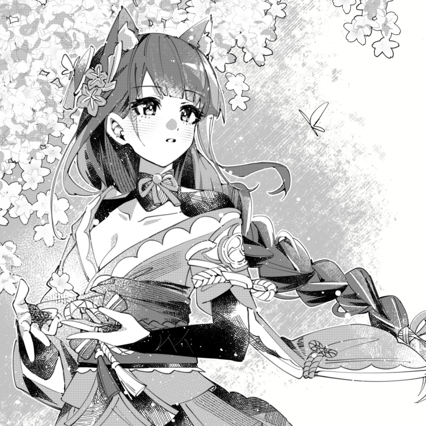 1girl animal_ear_fluff animal_ears artist_request blunt_bangs braid breasts bridal_gauntlets cat_ears cat_girl cleavage clothing_cutout collarbone commission flower genshin_impact hair_ornament hair_ribbon highres japanese_clothes kimono large_breasts long_braid long_hair looking_at_another mole mole_under_eye monochrome multicolored_hair neck_ribbon off_shoulder outdoors parted_lips raiden_shogun ribbon sash second-party_source shoulder_cutout single_braid solo standing streaked_hair tree upper_body