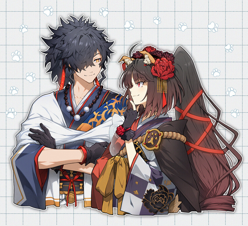 1boy 1girl ahoge animal_ears black_gloves black_hair brown_hair checkered_clothes checkered_kimono dog_ears fate/grand_order fate_(series) floral_print flower gloves gradient_hair grey_background grey_kimono grid_background hair_flower hair_ornament hair_over_one_eye high_ponytail highres honi_(ohohoni) japanese_clothes jewelry kimono kyokutei_bakin_(fate) kyokutei_bakin_(second_ascension)_(fate) layered_clothes layered_kimono long_hair multicolored_hair nail_polish necklace obi okada_izou_(fate) okada_izou_(festival_outfit)_(fate) partially_fingerless_gloves paw_print peony_(flower) peony_print ponytail red_eyes red_flower red_kimono sash smile yellow_eyes