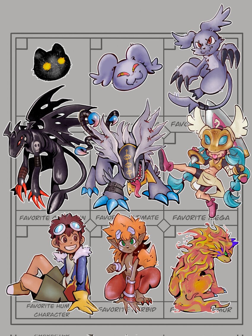botamon braid covered_eyes darkdramon digimon digimon_(creature) flamon gazimon highres long_hair lynxmon manticoremon mask minervamon motomiya_daisuke pagumon wings