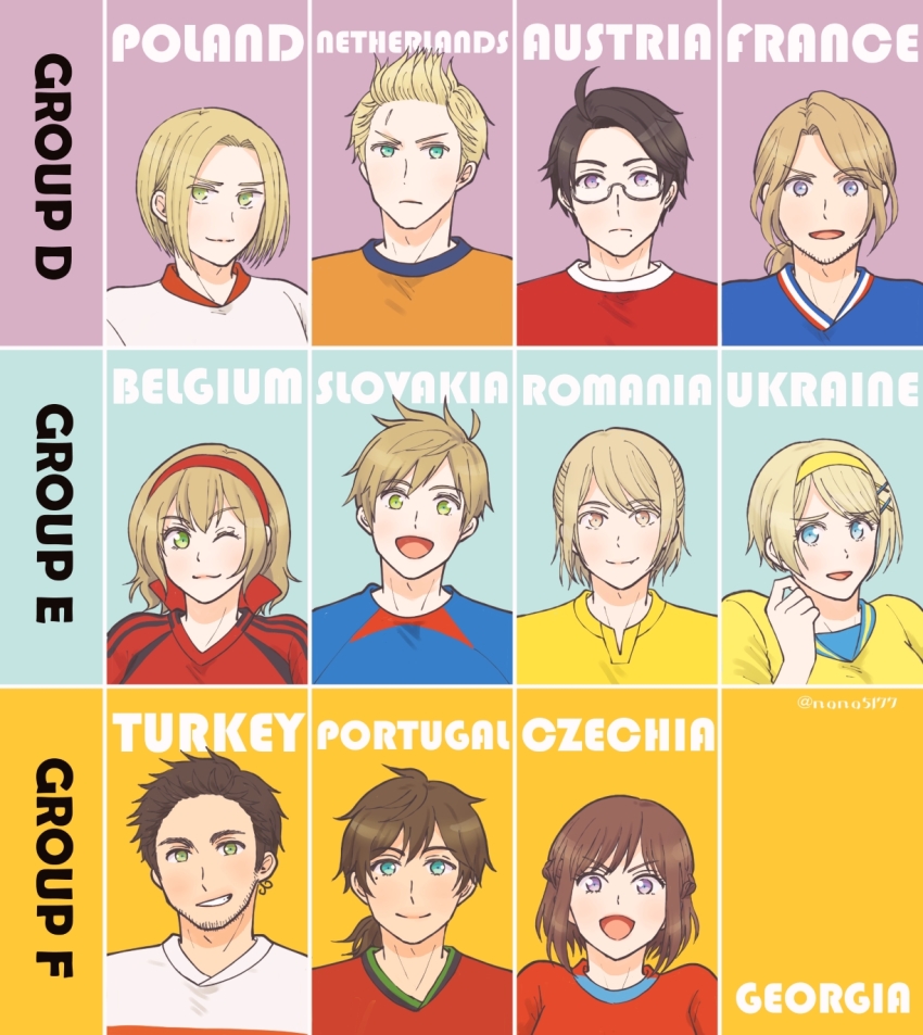 2girls 6+boys ahoge austria_(hetalia) axis_powers_hetalia belgium_(hetalia) blue_eyes blue_shirt bow brown_hair czech_republic_(hetalia) euro_2024 france_(hetalia) glasses grin hair_bow hairband highres looking_at_viewer low_ponytail multiple_boys multiple_girls nana_(nana5177) netherlands_(hetalia) open_mouth orange_shirt parted_bangs poland_(hetalia) ponytail portugal_(hetalia) purple_eyes red_bow red_hairband red_shirt romania_(hetalia) shirt slovakia_(hetalia) smile turkey_(hetalia) uefa_euros ukraine_(hetalia) white_shirt yellow_hairband