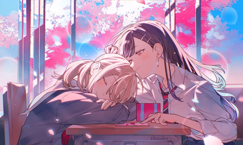 2girls absurdres azusawa_kohane black_hair black_necktie blue_sky blush brown_hair chair cherry_blossoms chinese_commentary classroom closed_eyes closed_mouth collared_shirt commentary_request day desk earrings grey_shirt highres indoors jewelry jingzhaowhale kissing_head letter light_particles long_hair long_sleeves love_letter multiple_girls necktie one_eye_closed open_collar pink_eyes project_sekai sailor_collar school_chair school_desk shiraishi_an shirt sky sleeping smile striped_necktie twintails white_sailor_collar white_shirt yuri