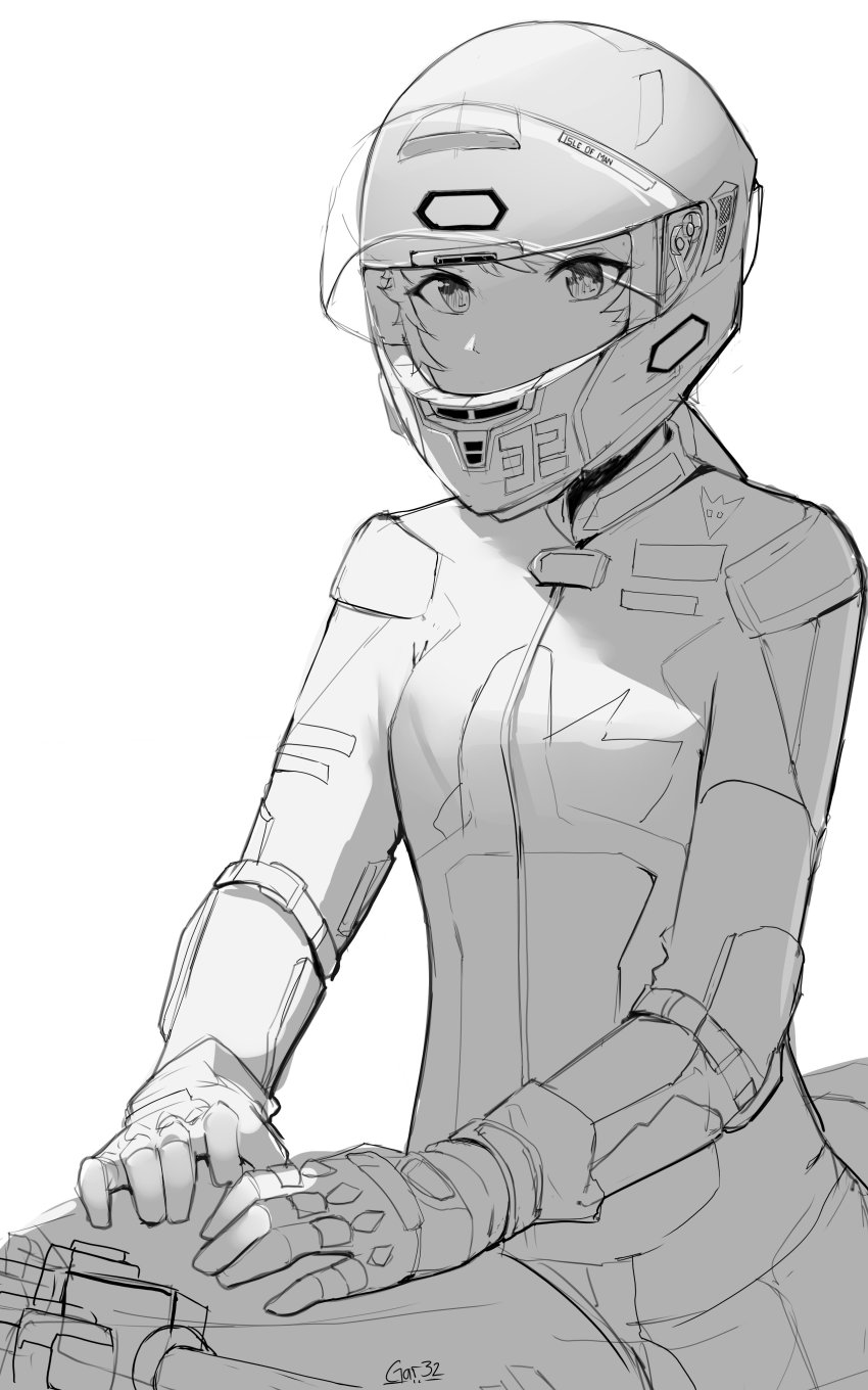 1girl absurdres biker biker_clothes copyright_request covered_mouth female_focus gar32 gloves greyscale helmet highres looking_at_viewer monochrome motor_vehicle motorcycle motorcycle_helmet on_motorcycle signature simple_background solo white_background