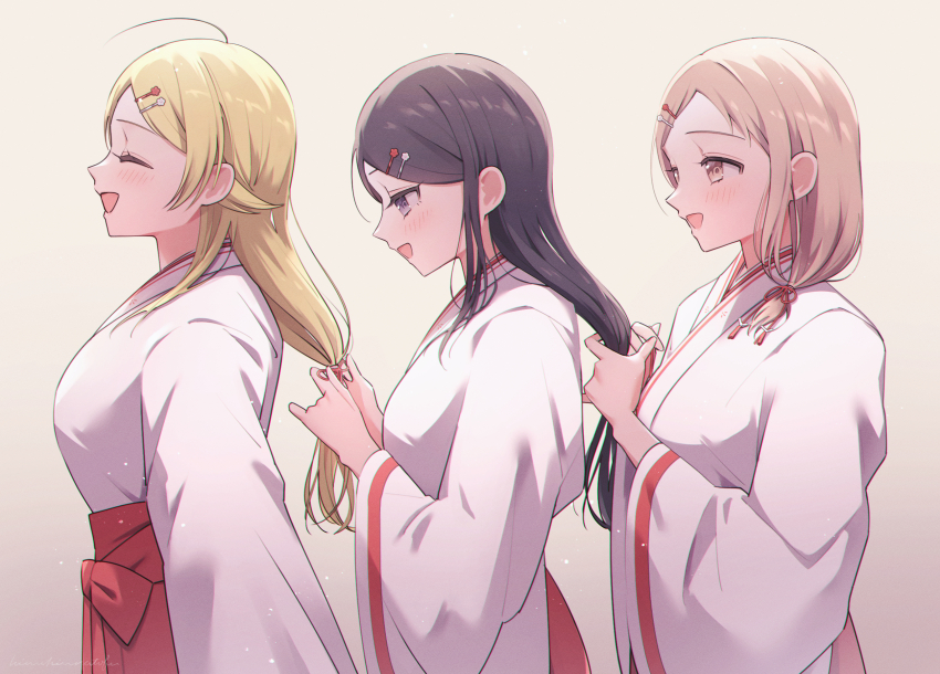 3girls ^_^ adjusting_another&#039;s_hair ahoge black_hair blonde_hair blush brown_hair closed_eyes commentary_request hachimiya_meguru hakama highres idolmaster idolmaster_shiny_colors illumination_stars_(idolmaster) japanese_clothes kazano_hiori kimono kinukinu_otofu long_hair miko multiple_girls red_hakama sakuragi_mano smile upper_body white_kimono