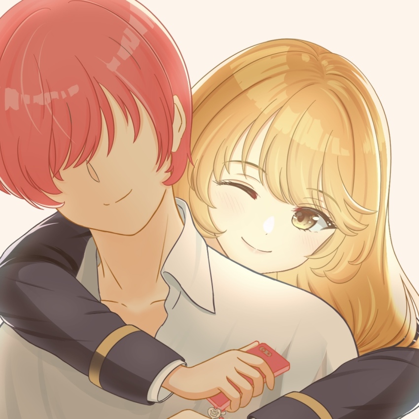 1boy 1girl alternate_hairstyle behind_another brown_eyes brown_hair closed_mouth collarbone faceless faceless_male girlfriend_(kari) holding holding_phone hug long_hair looking_at_another one_eye_closed phone red_hair redeye_tmirm school_uniform shirt short_hair simple_background smile tamai_remi upper_body white_background white_shirt