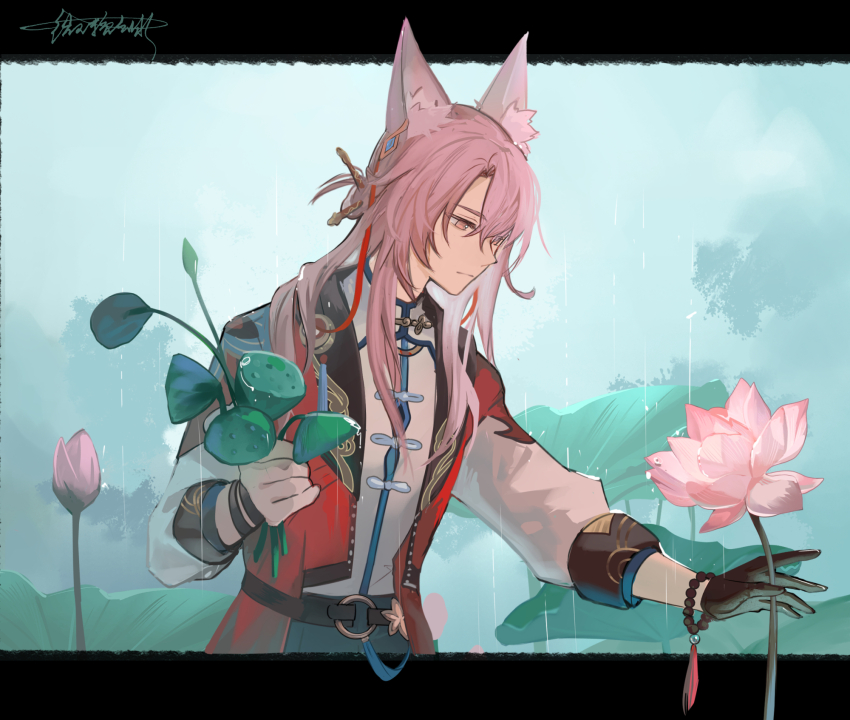 1boy animal_ear_fluff animal_ears artist_name bead_bracelet beads black_gloves bracelet bud cape chinese_clothes chinese_commentary closed_mouth commentary_request expressionless flower fox_ears gloves hair_between_eyes hair_bun hair_ornament hair_over_shoulder hair_ribbon hair_stick highres holding honkai:_star_rail honkai_(series) issign jewelry jiaoqiu_(honkai:_star_rail) long_hair long_sleeves lotus lotus_leaf lotus_pod male_focus outdoors overcast parted_bangs pink_flower pink_hair rain red_cape red_ribbon ribbon shirt sidelocks signature single_glove single_hair_bun sky solo tassel upper_body white_shirt yellow_eyes