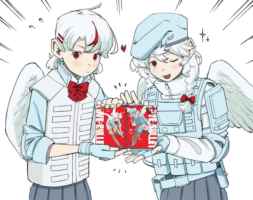 2girls blue_gloves blue_shirt bow bowtie braid bulletproof_vest cupid feathered_wings fingerless_gloves gloves grey_skirt hair_ornament hairclip highres ineesan kanna_(love-bullet) koharu_(love-bullet) long_hair looking_at_viewer love-bullet medium_hair multicolored_hair multiple_girls official_art one_eye_closed pig pleated_skirt red_bow red_bowtie red_eyes red_hair shirt simple_background single_braid skirt streaked_hair sweatdrop white_background white_hair white_shirt wings