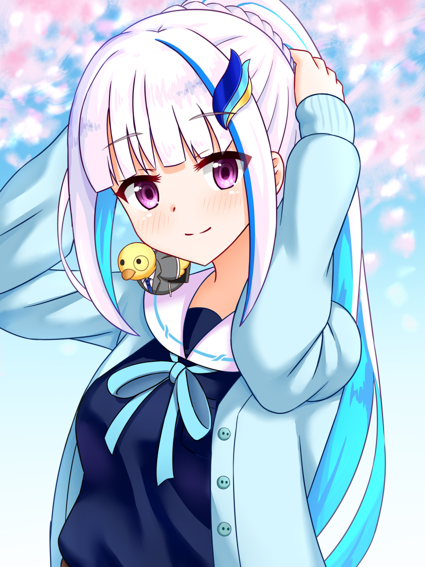 1girl aqua_cardigan blue_cardigan blue_ribbon blue_shirt blunt_bangs blush cardigan cherry_blossoms colored_inner_hair hair_ornament hand_up hands_on_own_head highres lize_helesta lize_helesta_(4th_costume) long_hair long_sleeves looking_at_viewer multicolored_hair neckerchief_between_breasts nijisanji open_cardigan open_clothes ponytail ponytail_with_braided_base purple_eyes ribbon sailor_collar school_uniform serafuku shirt simple_background smile solo tamba_i two-tone_hair virtual_youtuber white_hair white_sailor_collar