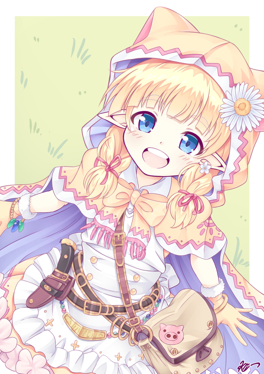 1girl animal_ear_headwear bag belt blonde_hair blue_eyes cape cloak dress fake_animal_ears fam_valhoef frilled_dress frills hair_ornament highres iris_mysteria! k_(nura-rikuo) looking_at_viewer outstretched_arms pointy_ears ribbon standing yellow_ribbon