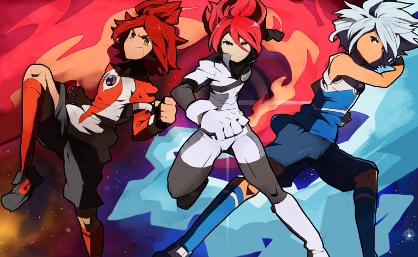 3boys blue_hair bodysuit burn burn_(inazuma_eleven) gran inazuma_eleven inazuma_eleven_(series) kiyama_hiroto male_focus multiple_boys nagumo_haruya red_hair shoes sneakers socks suzuno_fuusuke