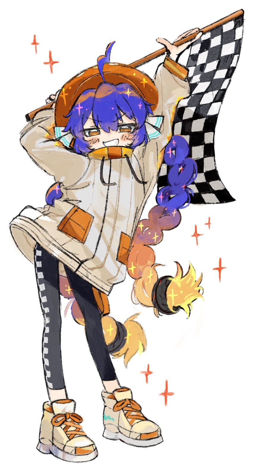 1girl ahoge alternate_costume arms_up black_leggings blonde_hair blush braid newsboy_cap checkered_flag flag full_body gradient_hair grin hat highres hitonatz holding holding_behind_back holding_flag jacket leaning_to_the_side leggings long_hair long_sleeves low_twin_braids multicolored_hair orange_eyes orange_hat otomachi_una purple_hair shoes simple_background smile sneakers solo sparkle speed_of_spice_(synthesizer_v) standing twin_braids v-shaped_eyebrows very_long_hair vocaloid white_background white_jacket white_shoes