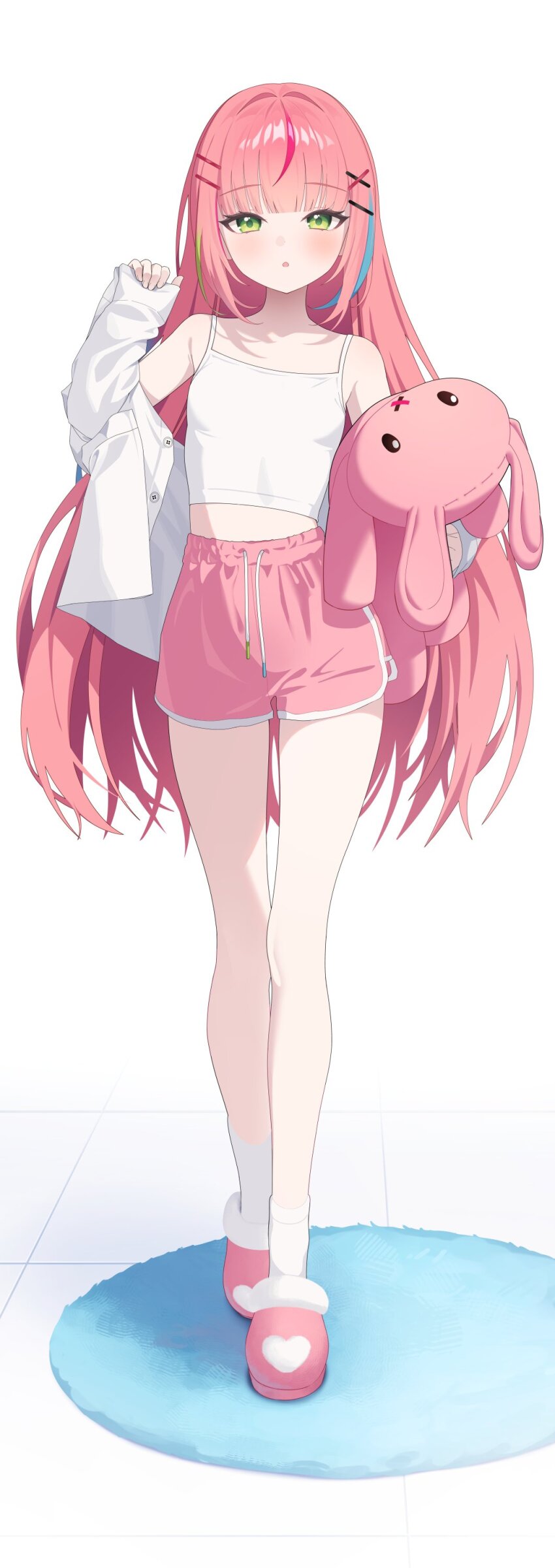 1girl absurdres blue_hair camisole dolphin_shorts full_body green_eyes green_hair hanako_nana highres holding holding_stuffed_toy long_hair looking_at_viewer multicolored_hair open_clothes open_mouth open_shirt parted_lips pink_hair pink_shorts pink_slippers shirt shorts simple_background sleeves_past_wrists slippers socks solo standing stellive streaked_hair stuffed_animal stuffed_rabbit stuffed_toy the_cold virtual_youtuber white_background white_camisole white_shirt white_socks