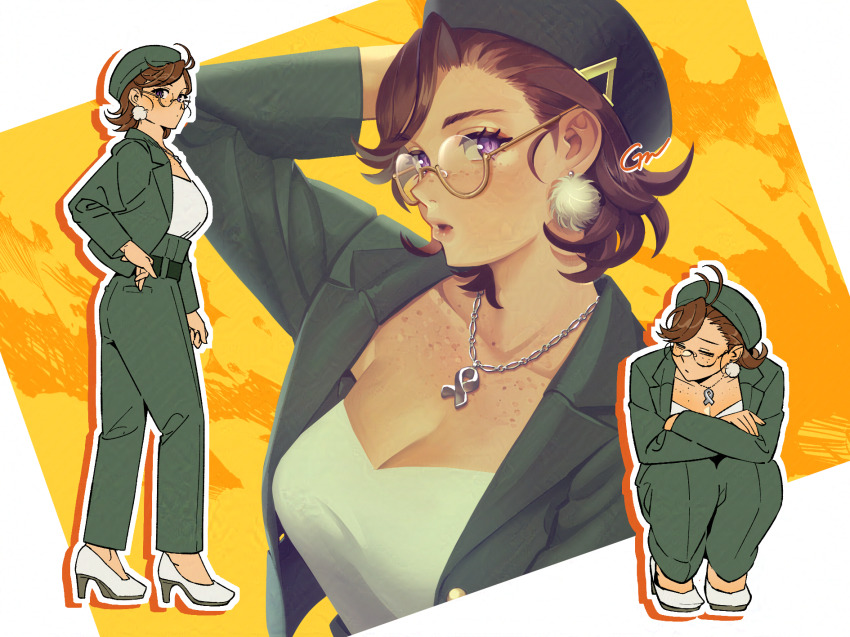 1girl :o =_= ahoge arm_up arms_on_knees asymmetrical_bangs beret body_freckles breasts brown_hair cleavage closed_mouth collarbone colored_shadow commentary crossed_arms curtained_hair drop_shadow earrings english_commentary flipped_hair formal_clothes freckles from_side full_body gaman glasses green_hat green_jacket green_pants green_suit hair_behind_ear hat high_heels highres jacket jewelry katsuragi_ace&#039;s_trainer_(gaman) lapels large_breasts multiple_views necklace notched_lapels open_clothes open_jacket orange_background original outline pants pom_pom_(clothes) pom_pom_earrings purple_eyes round_eyewear semi-rimless_eyewear shadow shirt shoes short_hair squatting standing strapless strapless_shirt suit suit_jacket upper_body white_outline white_shirt white_shoes