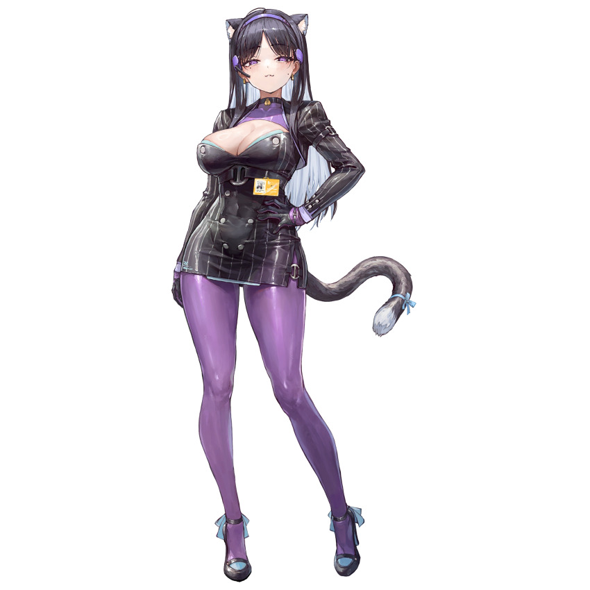 1girl :3 animal_ears artist_request bell black_gloves black_hair black_shoes bodystocking breasts cat_ears cat_girl cat_tail cleavage_cutout clothing_cutout collar dress full_body game_cg girls&#039;_frontline girls&#039;_frontline_neural_cloud gloves hand_on_own_hip headset highres inola_(neural_cloud) large_breasts neck_bell official_art pinstripe_dress pinstripe_pattern purple_bodystocking purple_eyes shoes solo standing tachi-e tail third-party_source transparent_background